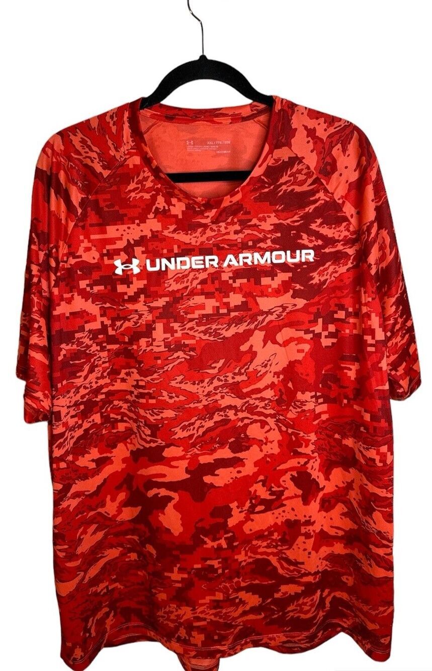 Under Armour Shirt Mens Size XXL Red T-Shirt UA Tech ABC Camo Short Sleeve Venom